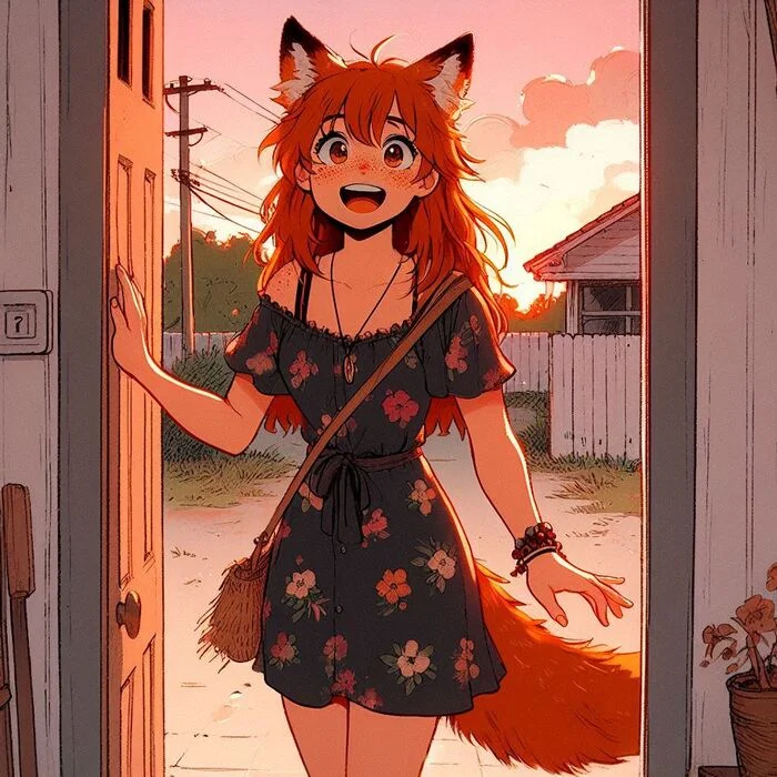 There was a fantastic sunset after the storm - My, Neural network art, Нейронные сети, Art, Girls, Anime art, Anime, Original character, Kitsune, Animal ears, Tail, Redheads, Freckles, Sunset, The clouds, Summer, Poncho, Ginger & White, Longpost