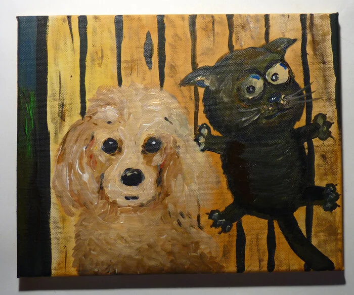 Painting Cat and Dog acrylic, canvas - My, Painting, Acrylic, Art, Dog, cat, Animals, Painting