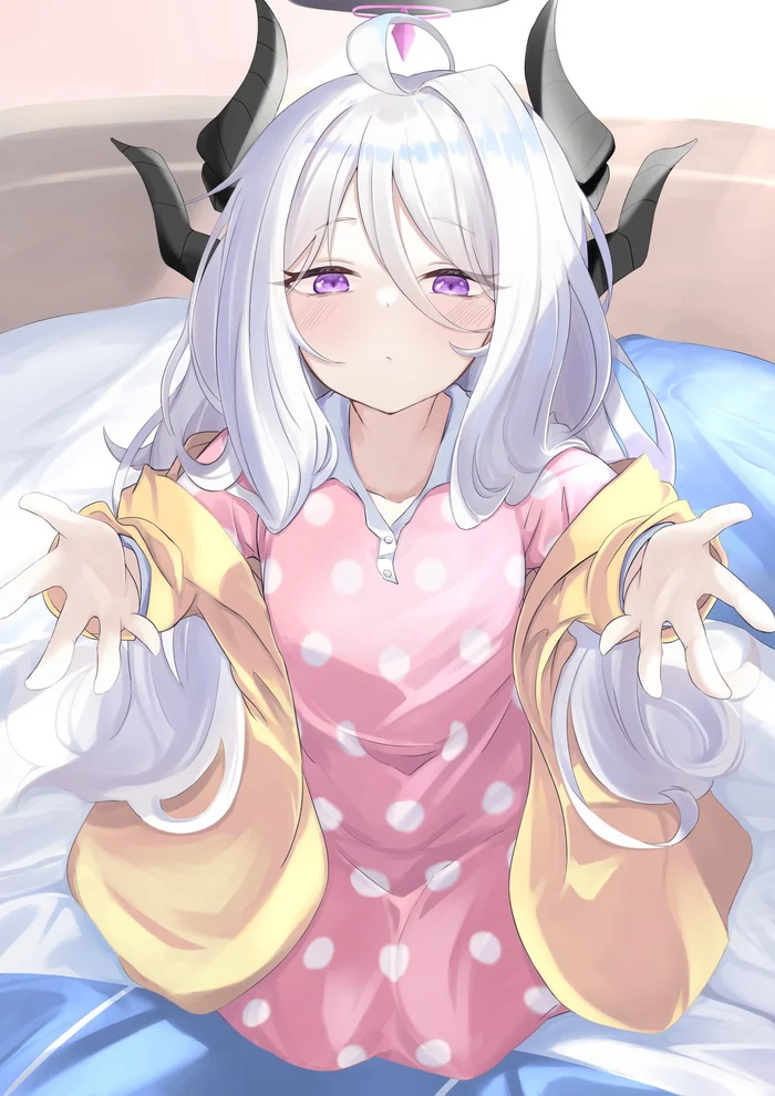 How about a hug before you go to work? - Anime, Anime art, Blue archive, Sorasaki Hina, Girl with Horns, Pajamas