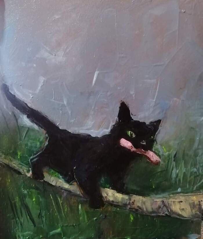 Oksana Zhornichenko I caught it myself - cat, Painting, Humor, Black cat