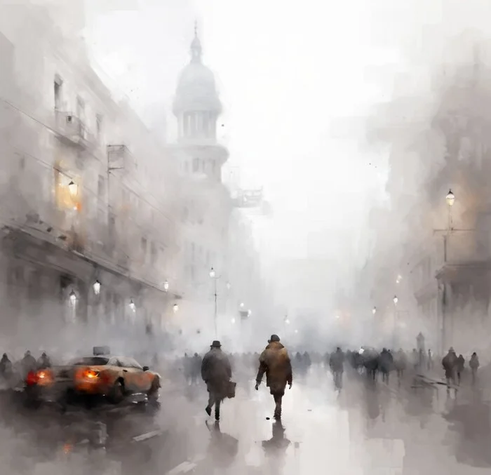 Foggy morning - My, Watercolor, Stylization, Town, Art, Digital drawing, Phone wallpaper, Neural network art