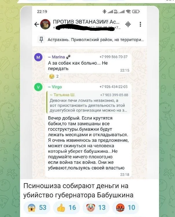 Reply to the post “In Astrakhan, 38 stray dogs were euthanized; in response, zoo radicals entered the shelter territory at night and released the dogs from their cages” - Radical animal protection, Stray dogs, Euthanasia, Astrakhan, Vertical video, Telegram (link), VKontakte (link), Negative, Mat, Reply to post, Correspondence, Screenshot