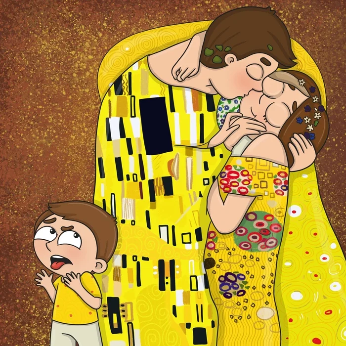 Another work for a calendar with a redrawing of famous paintings on a parental theme - My, Comics, Parents, Mum, Motherhood, Gustav Klimt, Kiss