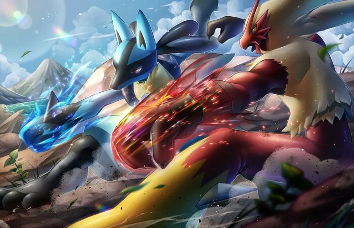 Fan Art of Lucario and Blaziken attacking together by 8686island! - Blaziken, Pokemon, Lucario, Art