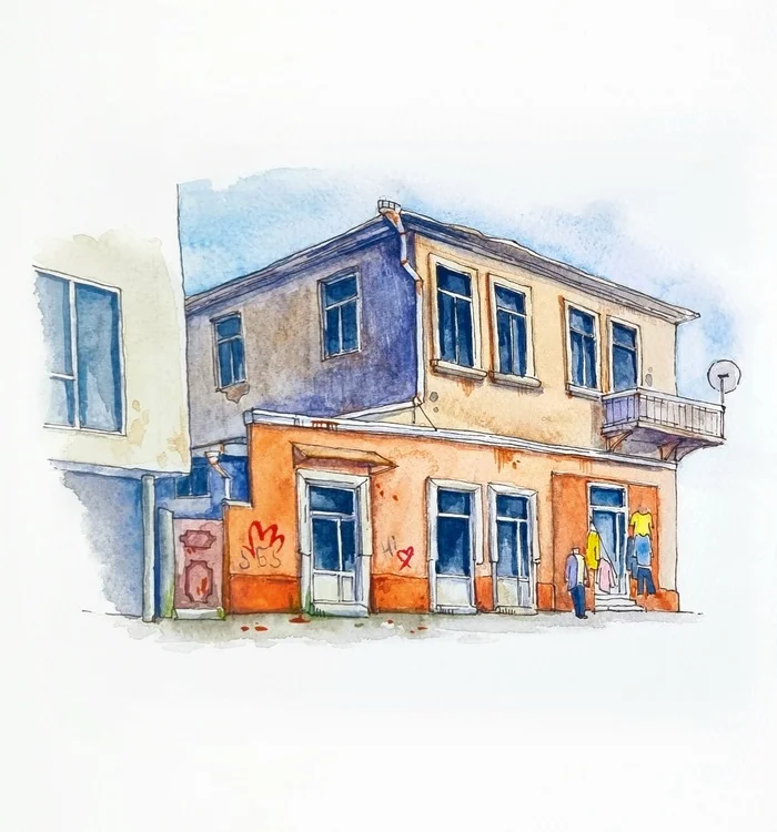 Shop on one of the streets of Batumi - My, Drawing, House, Watercolor, Sketch