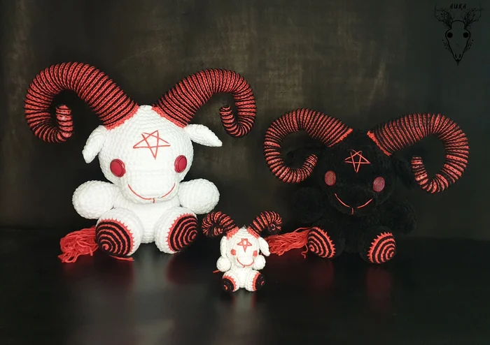 Family photo session of Baphomets - My, Needlework without process, Crochet, Amigurumi, Knitted toys, Soft toy, Keychain, Baphomet, Plush Toys, Author's toy, Knitting
