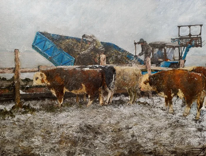 My new job - My, Creation, Painting, Rural life, Art, Painting, Artist, Tractor, Meat, Collective farm, Handmade, Nature