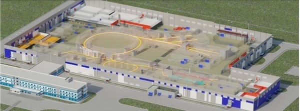 Чертеж здания, в котором разместится синхротронный комплекс РФЯЦ-ВНИИЭФ. Главный синхротрон изображен большим желтым кругом. (Источник)