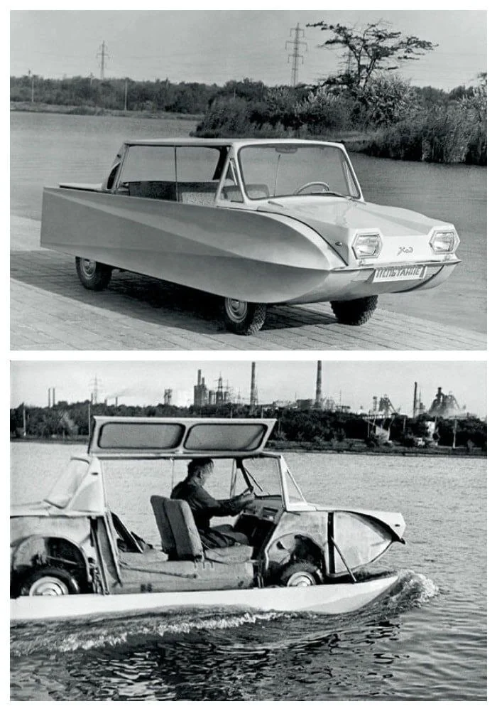 The “Catamobile”, created by the Demidov brothers, was the only passenger car in the world that turned into a catamaran on the water - The photo, Black and white photo, Made in USSR, 60th, Film, Auto