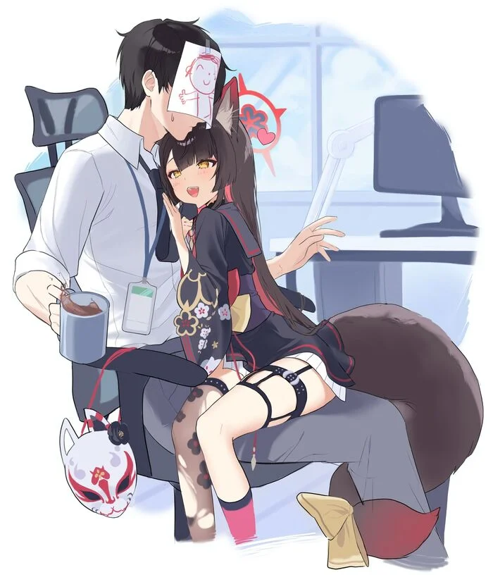 These women always don't let me work properly >_< - Anime, Anime art, Blue archive, Kosaka Wakamo, Animal ears, Kitsune