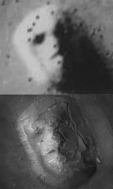 Face on Mars captured by Viking 1 in 1976 and Mars Global Surveyor in 2001 - VKontakte (link), The photo, Space, Mars, Face, Telegram (link)