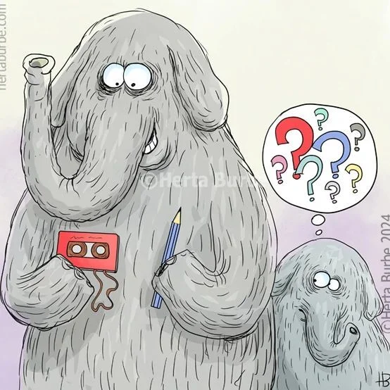 Our cassette player has run out of film, wind it up! - Comics, Herta Burbe, Elephants, Cassette, Pencil