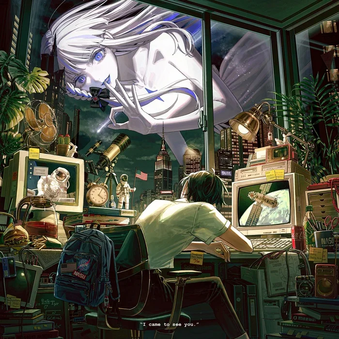 I came to you - Anime art, Giantess, Computer, USA, Outside the window