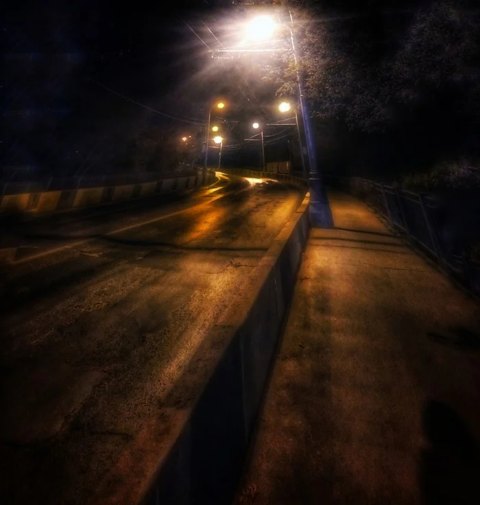 Bridge - My, Mobile photography, Art, Night city, Lamp, Road