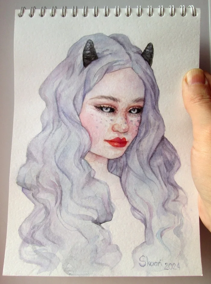 Watercolor freckled demoness - My, Drawing, Girls, Traditional art, Art, Creation, Watercolor, Portrait, Girl with Horns