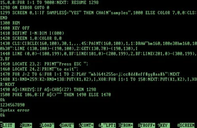 Та ж Бейсік-програма на моніторі MDA: між рядками нормальні просвіти, читати текст набагато легше; зображення приємно-зелене, оскільки більшість монохромних моніторів для IBM PC мали саме зелене свічення (рідше жовте, біле тощо)