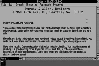 Одна з перших версій Windows (1.01) на IBM PC з CGA: робота у графічному режимі 640х200 дозволяє відображати текст зі шрифтами різного виду (у тому числі пропорційними) та різного розміру
