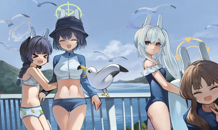 Rabbit Team - Blue archive, Tsukiyuki Miyako, Kasumizawa Miyu, Sorai Saki, Kazekura Moe, Anime art, Game art, Anime, Games, Swimsuit, Seagulls