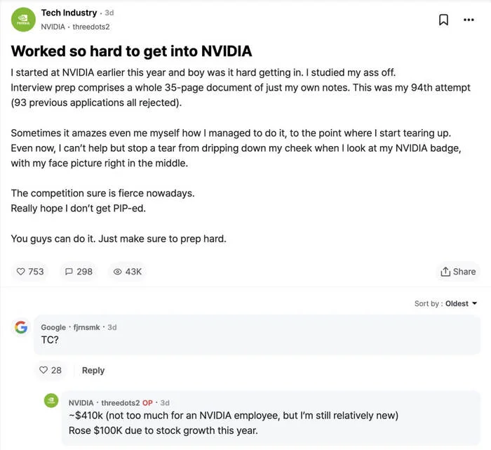 Мотивация дня: чувак рассказал, как с 94-й (!) попытки смог устроиться в Nvidia. Чего ему это стоило? - Мотивация, Зарплата, Перевод, Nvidia, Собеседование, Поиск работы, Профессия