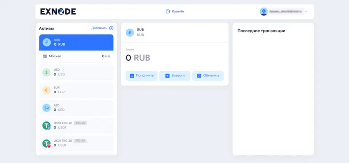 Интерфейс криптокошелька Exnode Wallet