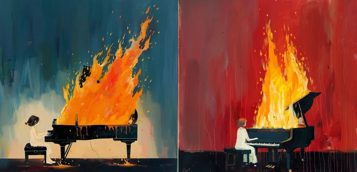 Add fuel to the fire - vision of a neural network - Neural network art, Butter, Fire, Piano, Oil painting, Flame