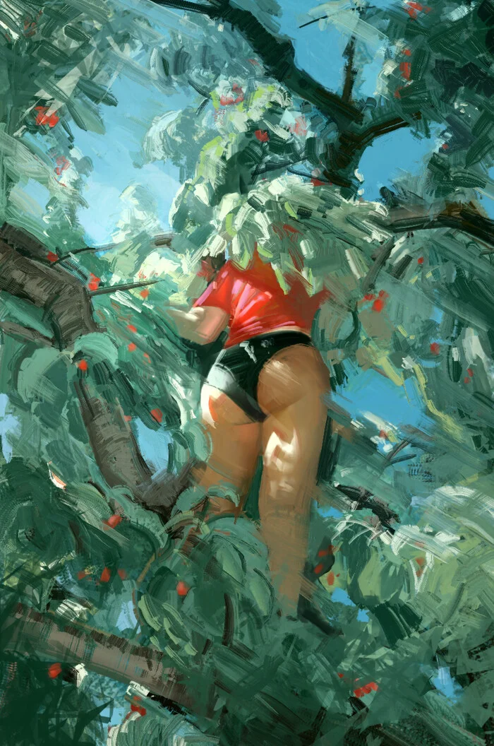 Cherries - Girls, Summer, Cherries, Tree, Sky, Painting, Art