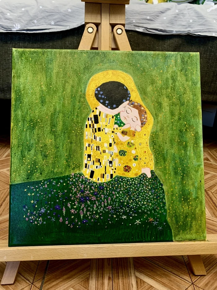 Kiss - My, Stylization, Acrylic, Canvas, Embroidery, Interior painting, Gustav Klimt, Kiss