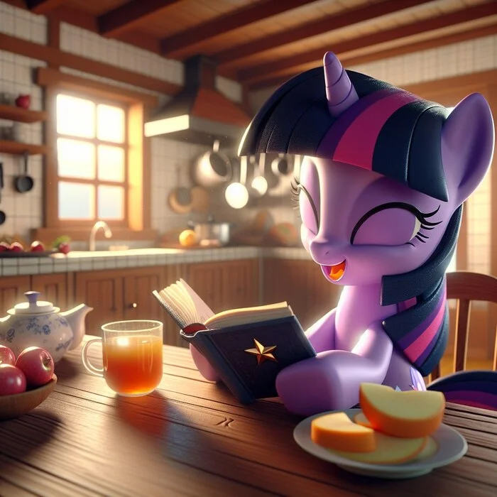 Have a pleasant morning reading your favorite book. What could be better? - My, My little pony, Нейронные сети, Twilight sparkle, Pony, Kitchen, Morning, Images, PonyArt, Neural network art