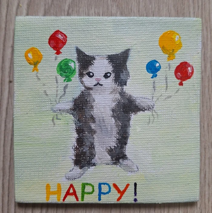 Happy Cat - My, Creation, Drawing, Acrylic, Needlework without process, cat, Memes, Happy, Happy Cat, Miniature, Decor, Magnets
