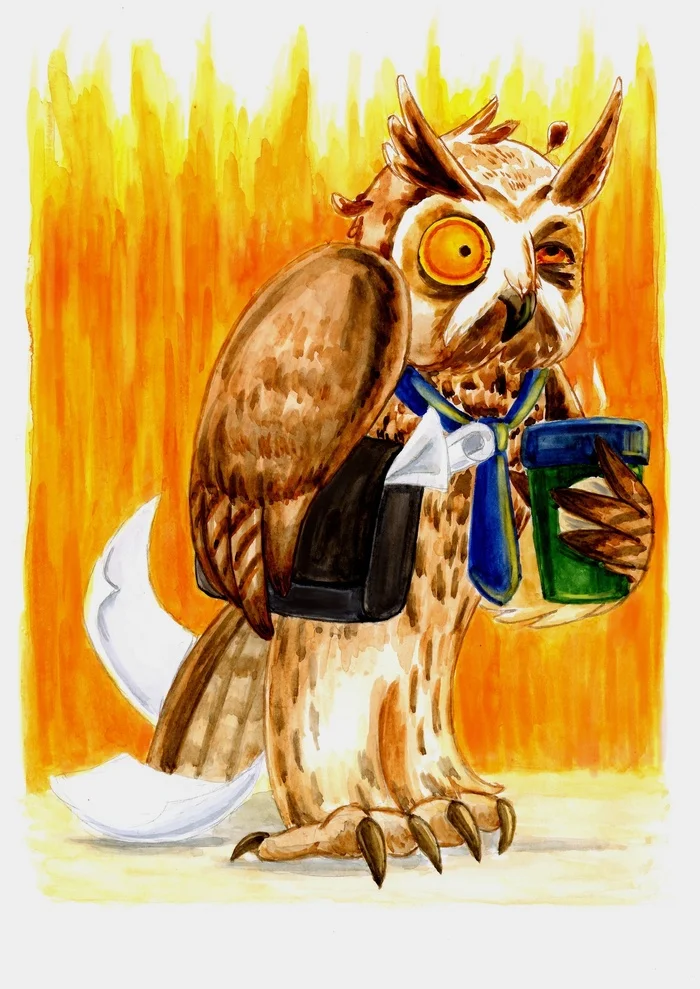 I hate Mondays! - My, Owl, Watercolor, Traditional art
