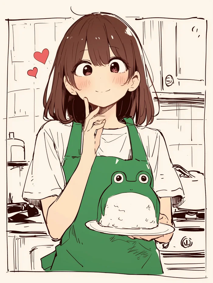 Oh this special toad pudding, I love it! - My, Art, Anime, Girls, Anime art, Original character, Toad, Frogs, Pudding, Preparation, Neural network art, Midjourney, Apron, Brown hair, Memes, It Is Wednesday My Dudes, Wednesday, Sketch