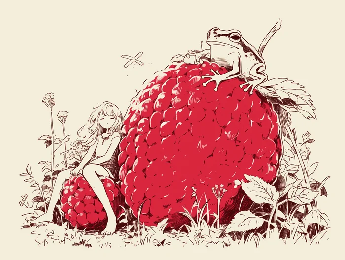 My berry is bigger - My, Girls, Art, Anime, Anime art, Milota, Neural network art, Midjourney, Original character, Toad, Sketch, Draft, Memes, It Is Wednesday My Dudes, Wednesday, Raspberries, Frogs, Summer, Atmosphere