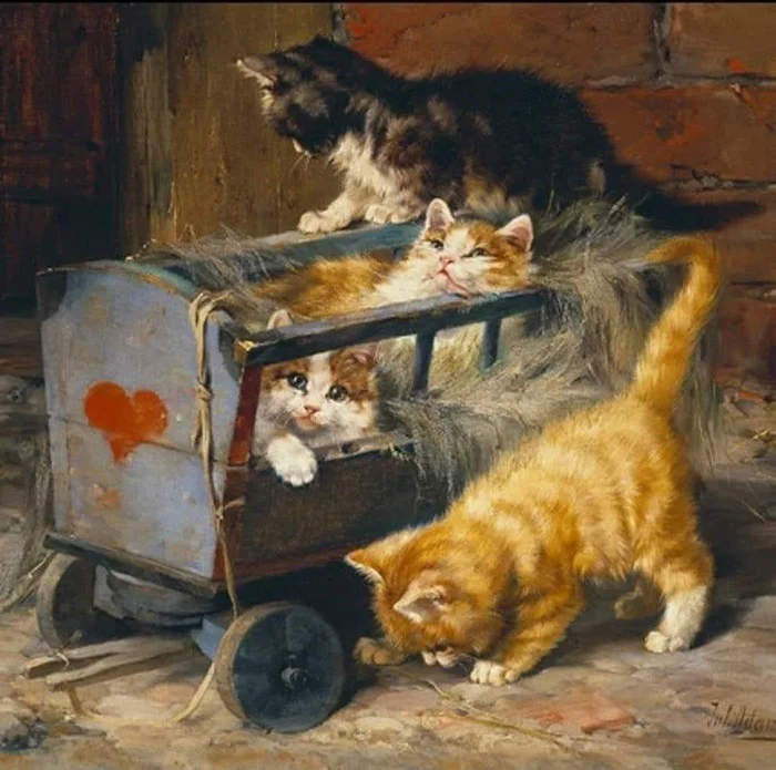 Playful kittens - cat, Painting