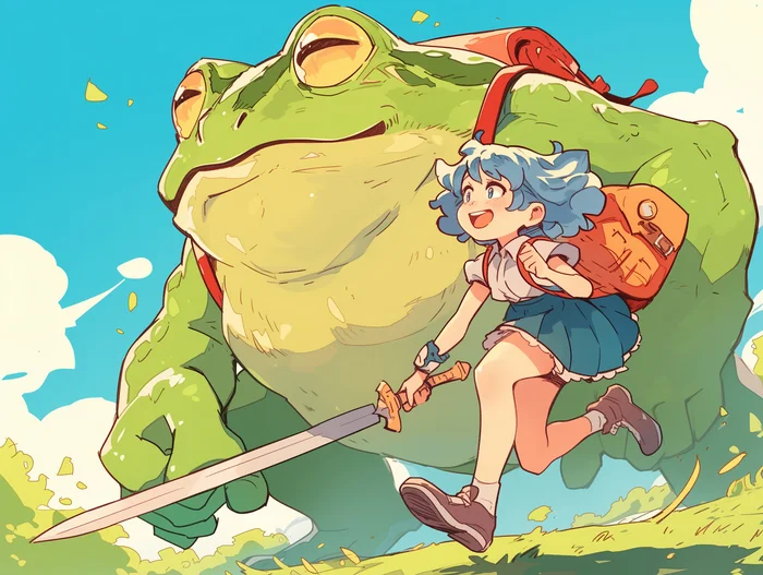 Let's go quickly, this quest is only available on Wednesdays! - My, Art, Anime, Girls, Anime art, Original character, Toad, Frogs, Neural network art, Midjourney, Memes, It Is Wednesday My Dudes, Wednesday, Blue hair, RPG, Quest, Sword, Best friend, Milota, Adventures