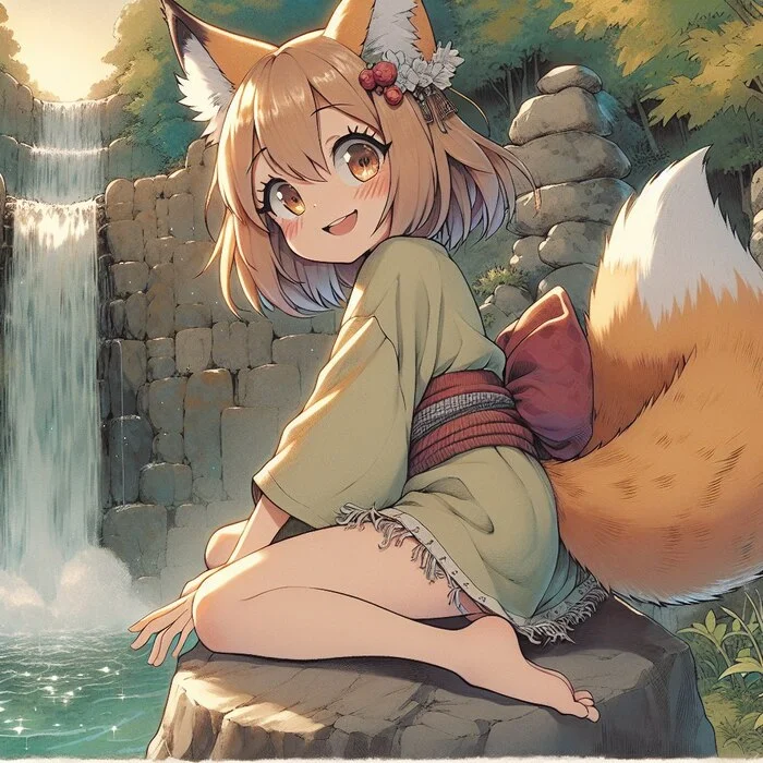 Reply to the post “An ancient legend speaks” - My, Neural network art, Anime art, Art, Girls, Нейронные сети, Anime, Original character, Kitsune, Animal ears, Redheads, Freckles, Sight, Eyes, Ginger & White, Longpost, Girl, Fox, Fictional characters, Furry, Anthro, Reply to post