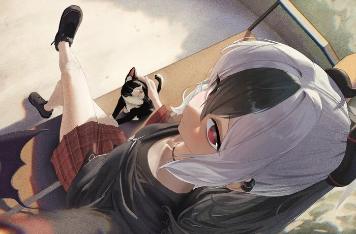 Kayoko strokes her pussy - Anime art, Anime, Girls, Games, Blue archive, Onikata Kayoko, Girl with Horns, Wings, cat, Art, Twitter (link)