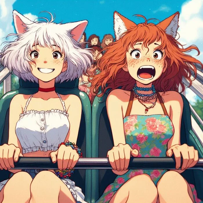 With the wind - Ginger & White, Roller coaster, Freckles, Redheads, Tail, Animal ears, Kitsune, Original character, Anime, Anime art, Girls, Art, Нейронные сети, Neural network art, My