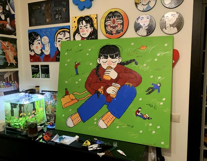 Giant canvas with a giant girl - My, Illustrations, Illustrator, Painting, Canvas, Painting, Longpost