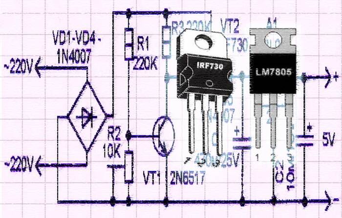 Improved Transformerless Power Supply Circuit (on IRF730, LM7805) - Electronics, Power Supply, Stabilizer, Radio amateurs, Radio electronics, Radio engineering, Radio parts, Lm317, Video, Youtube, Longpost