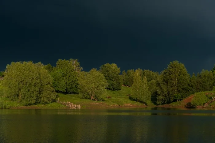 Past thunderstorm at sunset - My, Landscape, Thunderstorm, Sky, Village, Lake, Green trees, Chuvashia, Sunset, The photo