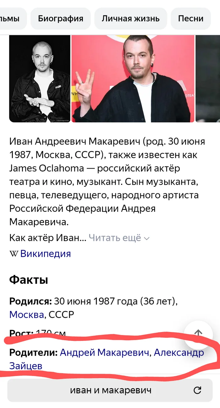 Funny search engine glitch - Search engine, Yandex., Wikipedia, Andrey Makarevich, A son, Parents, Screenshot, WTF