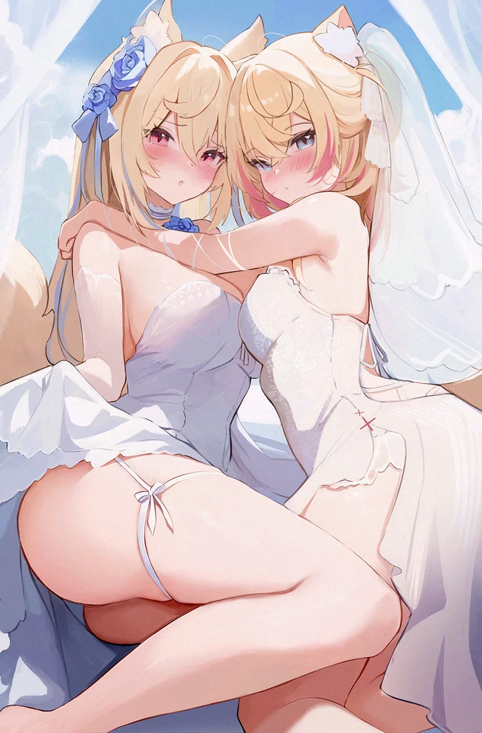 Brides) - Anime art, Anime, Girls, Art, Koahri, Fuwawa Abyssgard, Mococo Abyssgard, Animal ears, Virtual youtuber, Hololive, Neko