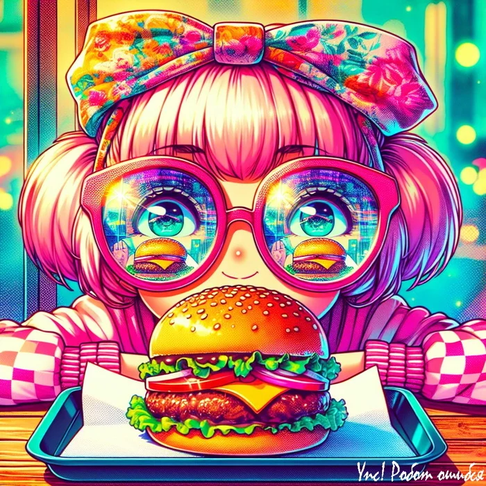 Isn't it time to eat?)) - My, Anime, Neural network art, Artificial Intelligence, beauty, Girls, Fancy food, Pink glasses, Colorful hair