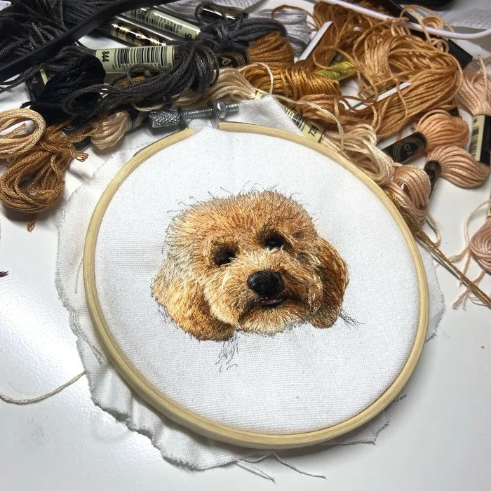 My first embroidery from floss... - My, Embroidery, Satin stitch embroidery, Dog, Creation, Presents, Art, Video, Vertical video
