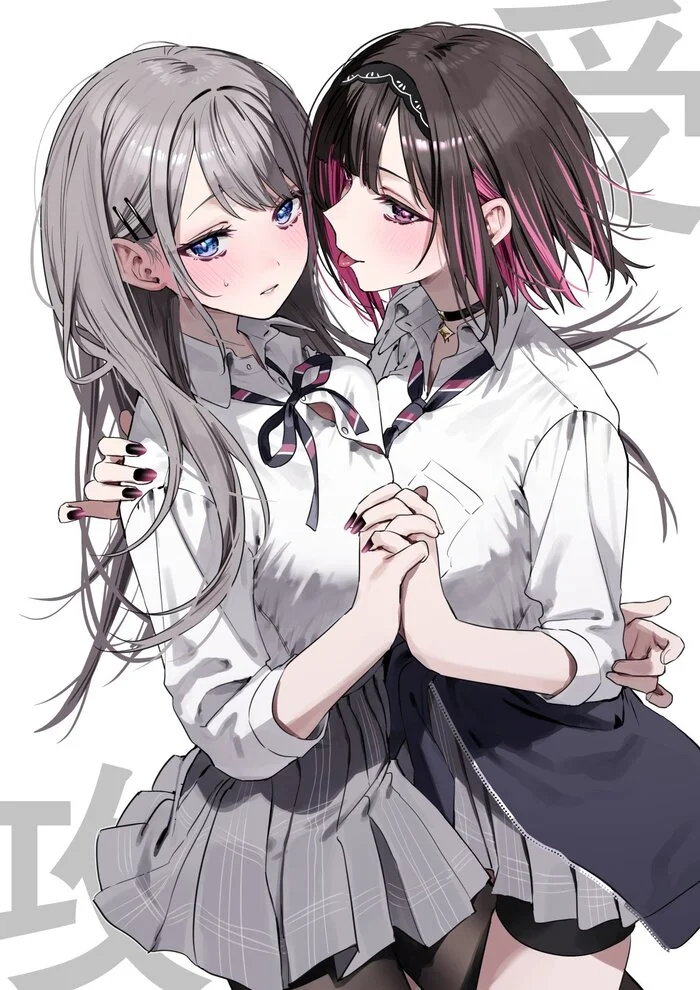 Shino & Ren - Anime art, Anime, Yuri, Friend, Hugs, Holding hands, Twitter (link)