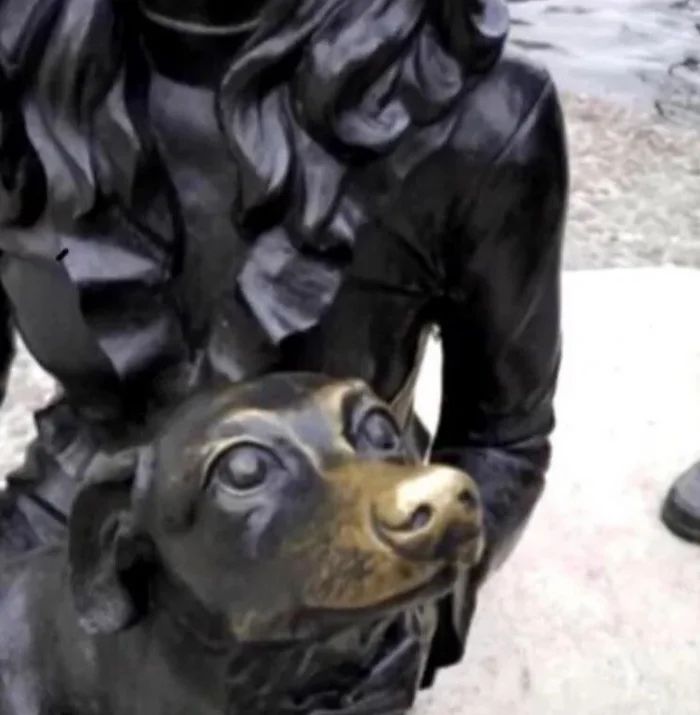 This dog statue's nose has become worn out because people pet it all the time. - Nose, Statuette, Dog