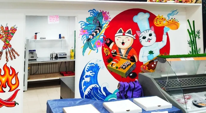 Appetizing wall painting - My, Wall painting, Small cats, Video, Vertical video, Longpost, Needlework without process