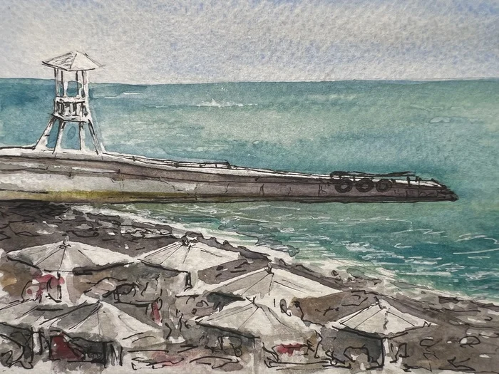 It's hot today - My, Watercolor, Etude, Sea, Beer, Sochi, Longpost, Drawing with a process