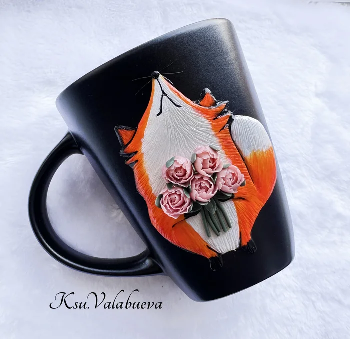 Mug “Fox with peonies” - My, Polymer clay, Peonies, Fox, Кружки, Mug with decor, Handmade, With your own hands