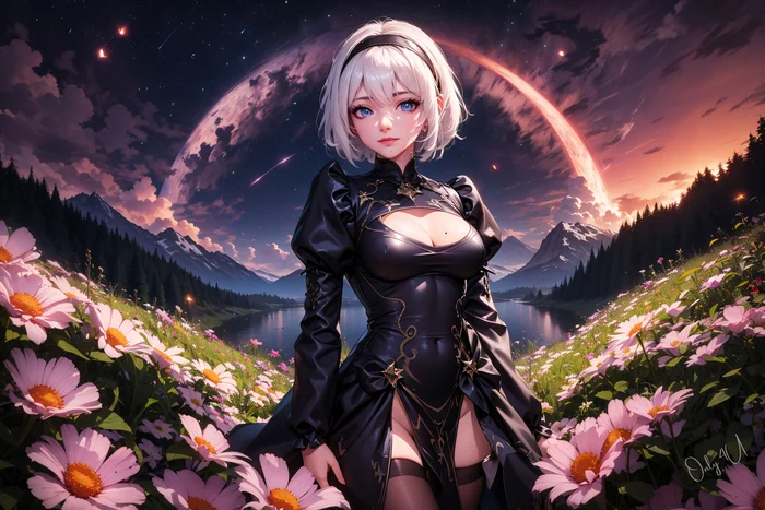 2B в ромашках - Арты нейросетей, Pixiv, Stable Diffusion, Game Art, Yorha unit No 2 type B, Девушки